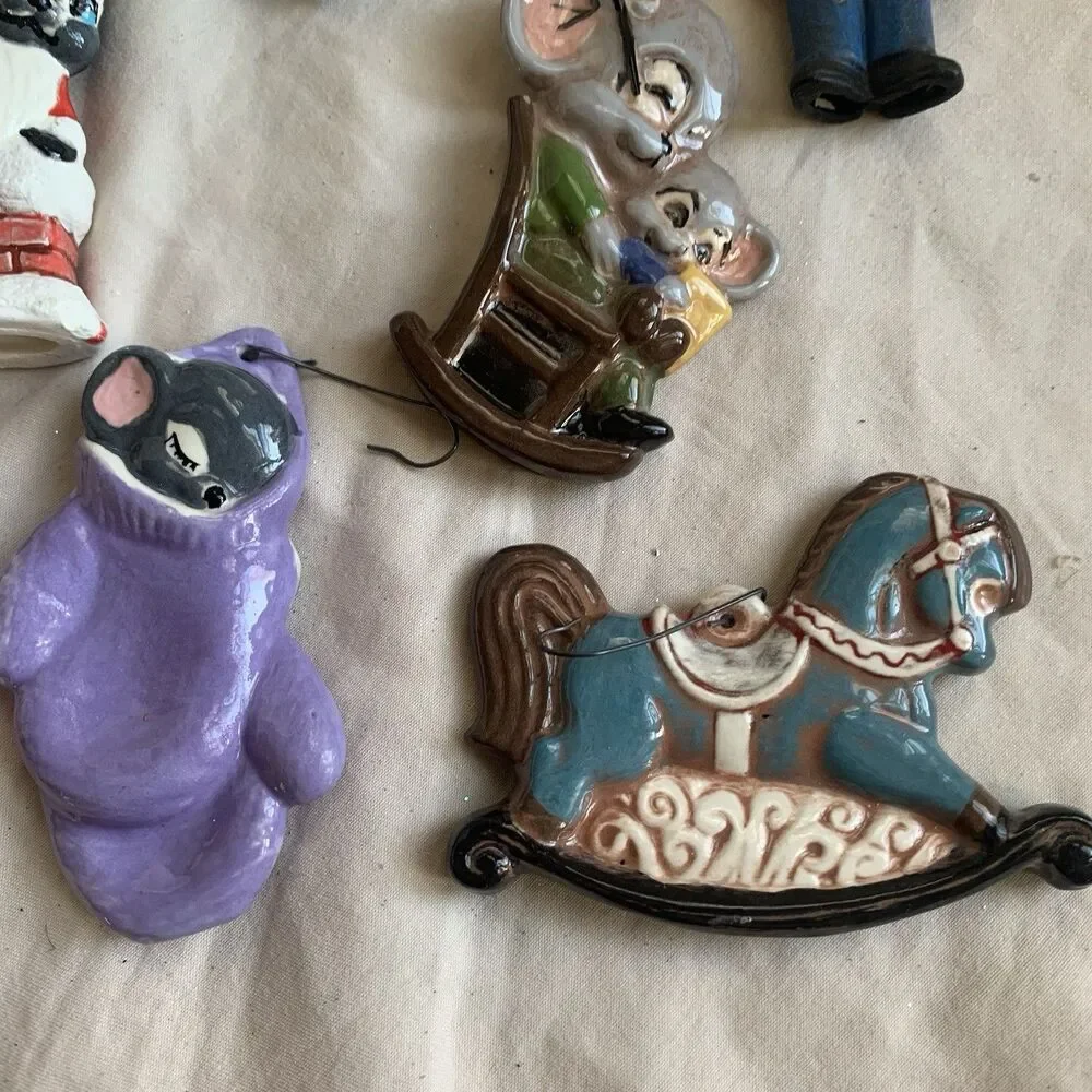 Vintage Lot Ceramic Christmas Ornaments, Horse, Mouse, Nutcracker, 9 Pcs, 3”